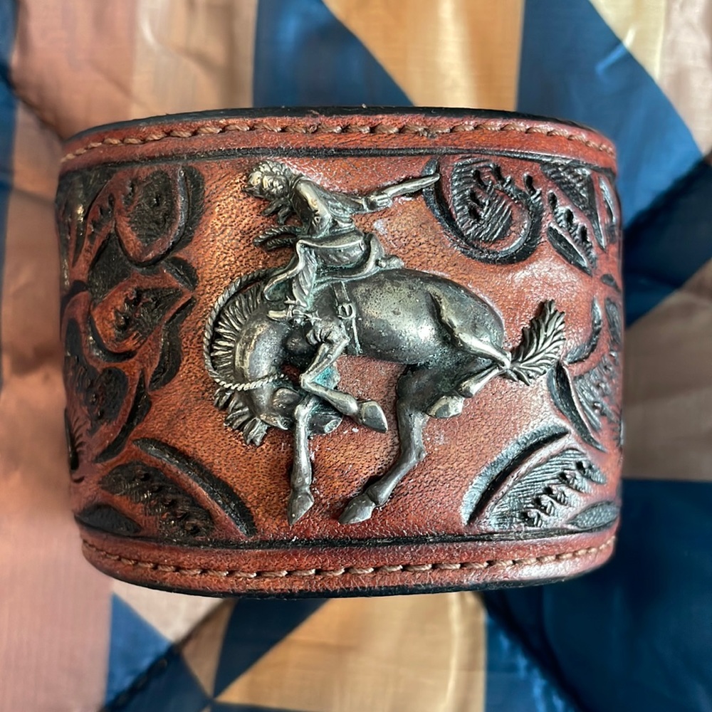 Vogt solid sterling silver and tooled leather cuff